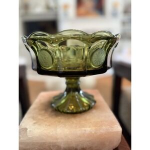 Vintage Green Fostoria Glass‎ Liberty & Eagle Coin Footed Compote Bowl